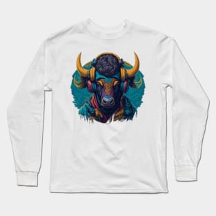 Digital AI Art Bison Animal Wearing Headphones Long Sleeve T-Shirt